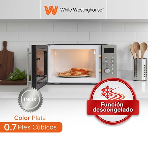 White Westinghouse  Horno de Microondas 0.7 pies  Modelo WWCMV0720WES  Display LED  Perilla de control interior Botones para programas-60min cocción  Plato Giratorio  Descongelado