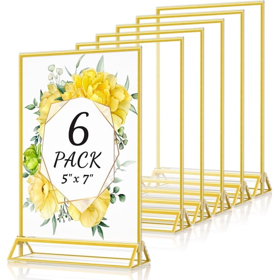 6 Pack 5X7 Acrylic Sign Holder Double Sided Gold Picture Frame, for Wedding Table Number Holder, Flyer Stand Menu Holder, Photo Display