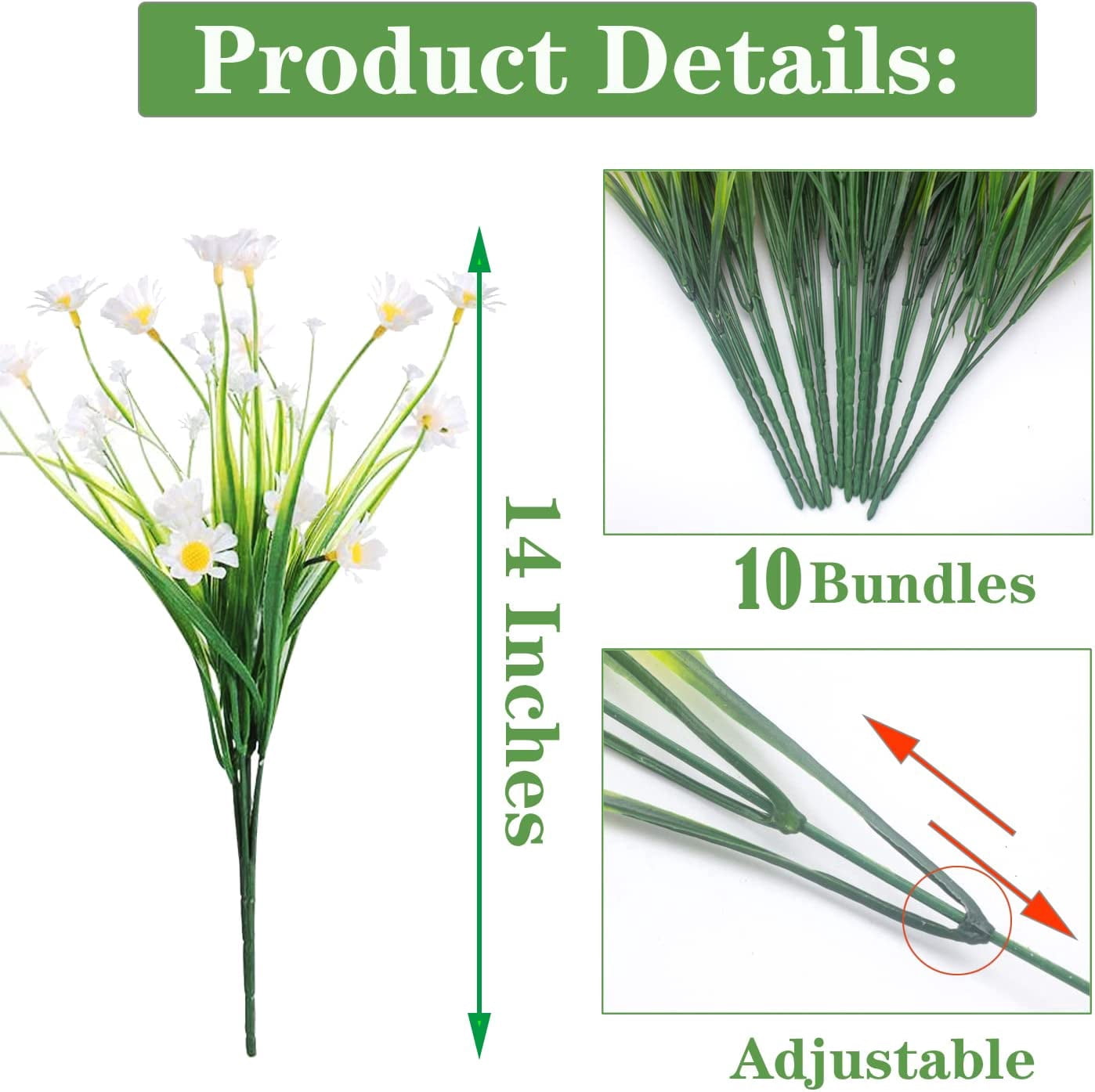 Viworld 10 Bundles Outdoor Artificial Daisy Fake Flowers UV Resistant Plants, Faux Plastic Greenery for Indoor Hanging Plants Garden Porch Window Box Home Wedding Farmhouse Decor (White)