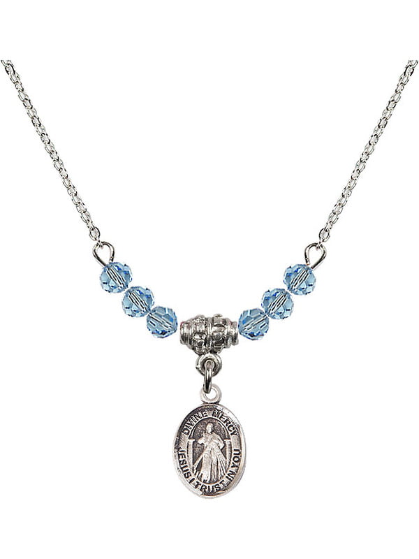 18-Inch Rhodium Plated Necklace with 4mm Aqua Birthstone Beads and Sterling Silver Our Lady of Mercy Charm. 
