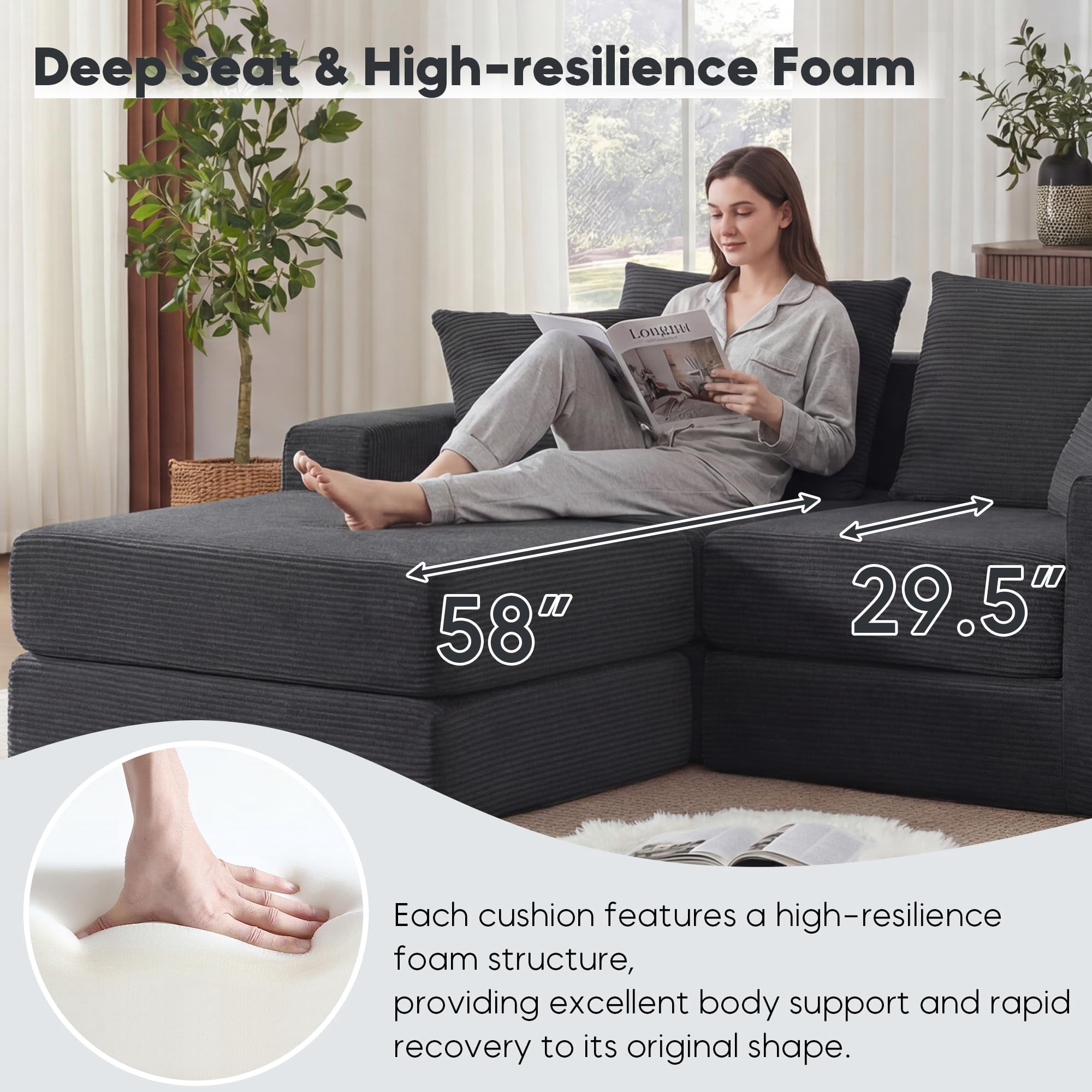 Tmsan 73.6" Modular Sectional Sofa,boneless loveseat couch with 4 Pillows,Classic L-Shape Design Convertable, for Living Room and Office,Grey
