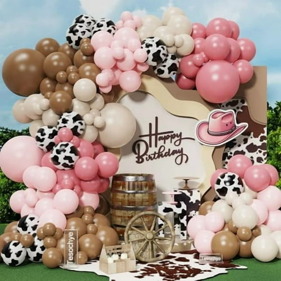 Cowgirl Balloon Arch Kit, Dusty/Light Pink & Brown Sand White Cow Print for Western Baby Shower/Cowboy Birthday