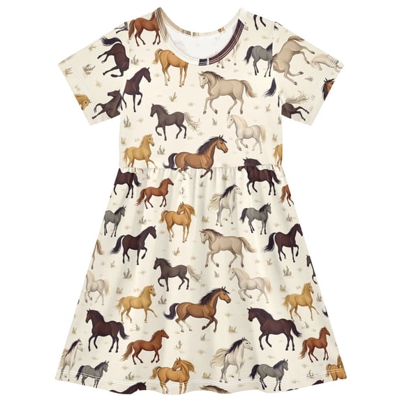 joogoo Wild Horses Girls' Short Sleeve Dress Kids Dresses 5-6T
