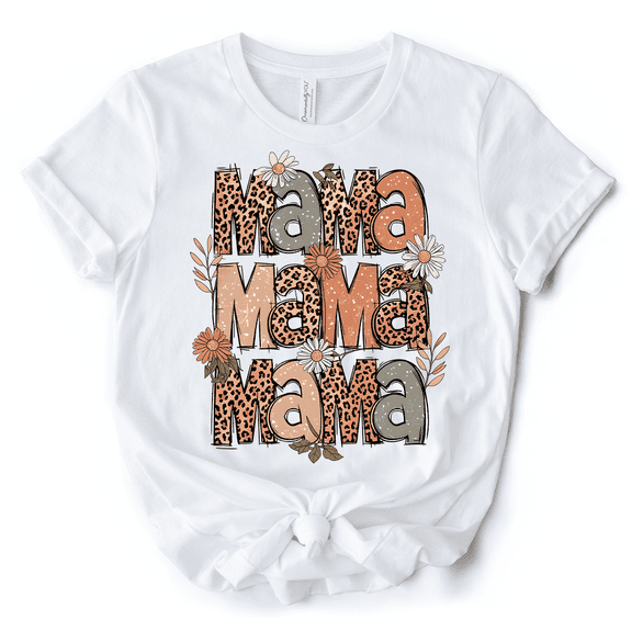 Leopard Mama Floral Retro T-Shirt, White and Natural Trendy Women's Tee with Wildflower Accents
