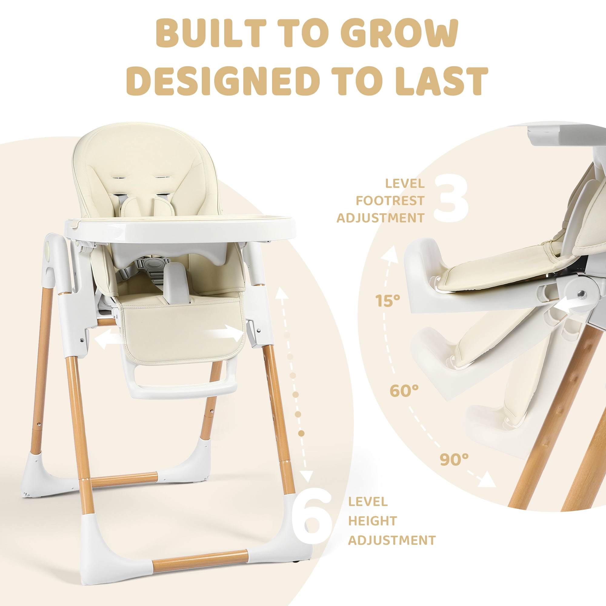AILEEKISS Foldable High Chair for Baby, Toddler Eating Chair with Detachable Double Trays, Natural Beige