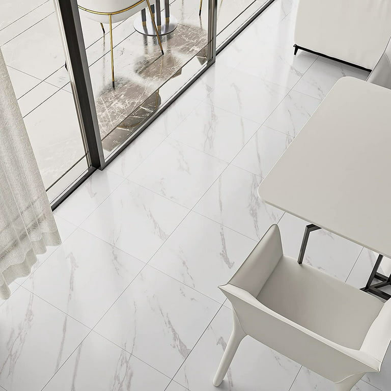 VEELIKE Peel and Stick Floor Tile 12''x12'' Vinyl Floor Tiles White Marble Stick on Tiles Flooring Waterproof Self Adhesive Granite Floor Tiles