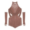 thumbnail image 3 of SiiRoh Girls Sparkly Fringe Jazz Latin Dance Leotard Ruched Mesh Drapes Cutout Bodysuit with Gloves Dusty Pink 10, 3 of 5