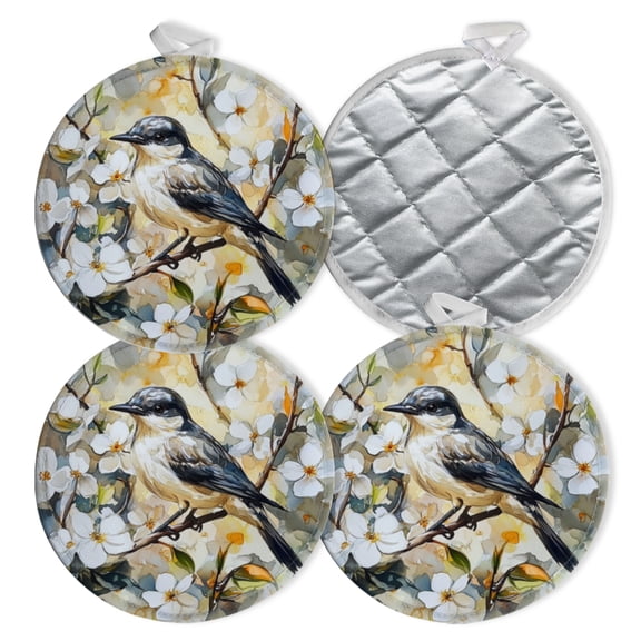 4 PCS Pot Holders for Kitchen,Potholders Sets with Hook for Oven,Cooking,Baking,Bird In Dreamy Landscape Of White Flowers