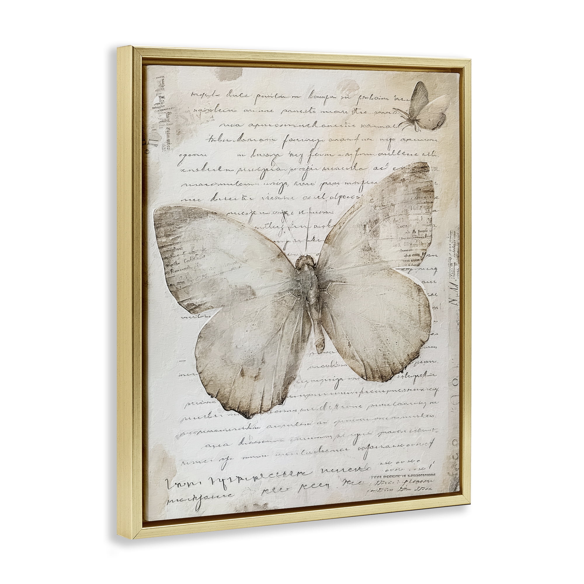 Stupell Industries Butterfly & Vintage Cursive Animals Painting Gold Floater Framed Canvas Art Print Wall Art, 17 x 21