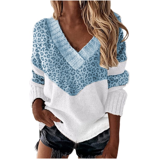 Mujer Tops Clásico Cuello en V Manga larga Bloque de color Suéter de punto suelto Blusa de suéter de cobertura Pompotops gfhjh20888
