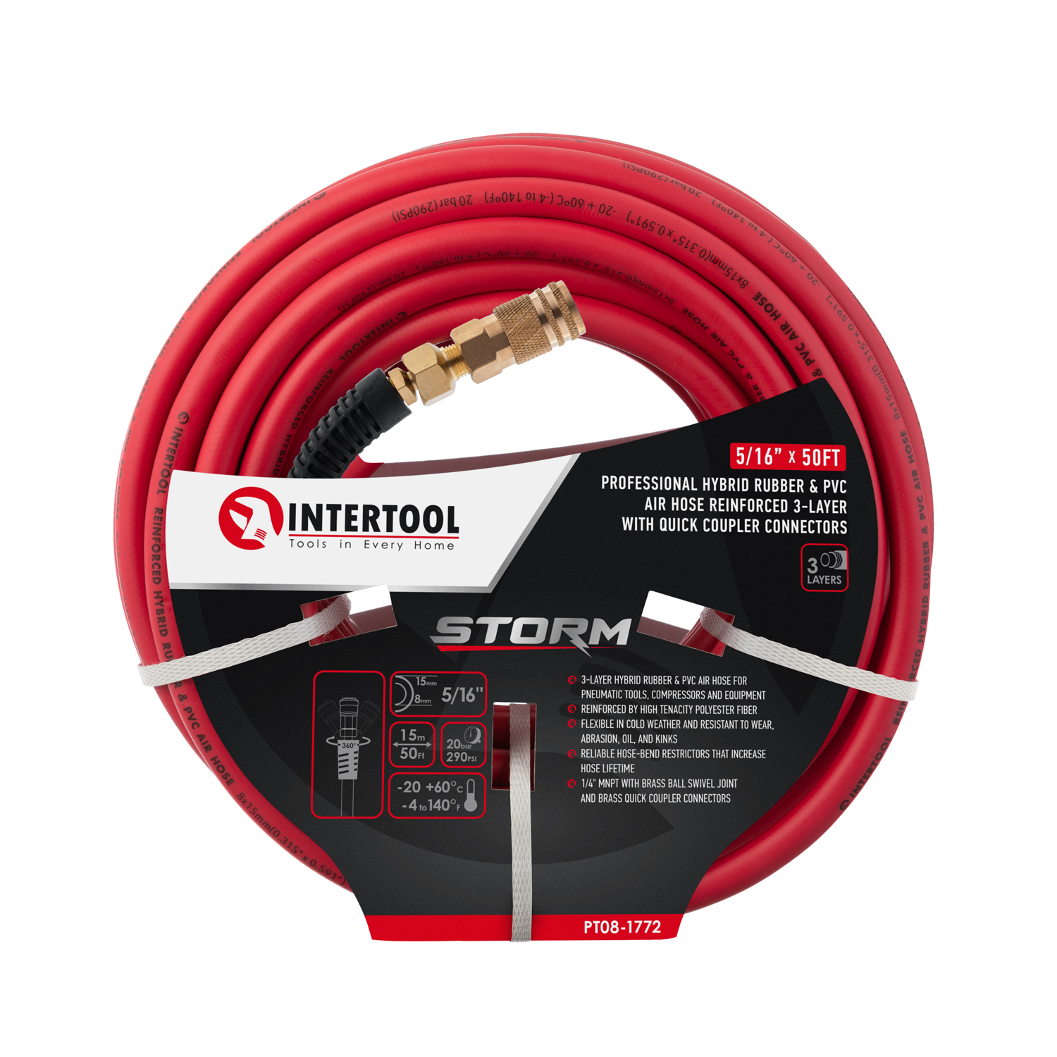 INTERTOOL Hybrid Air Hose 3/8-Inch LITE (5/16”) x 50 Ft, Heavy Duty Reinforced Lining, Lightweight Flexibility, All-Weather Kink Resistance, 1/4" MNPT, Brass Fittings, Plug, Quick Coupler PT08-1772