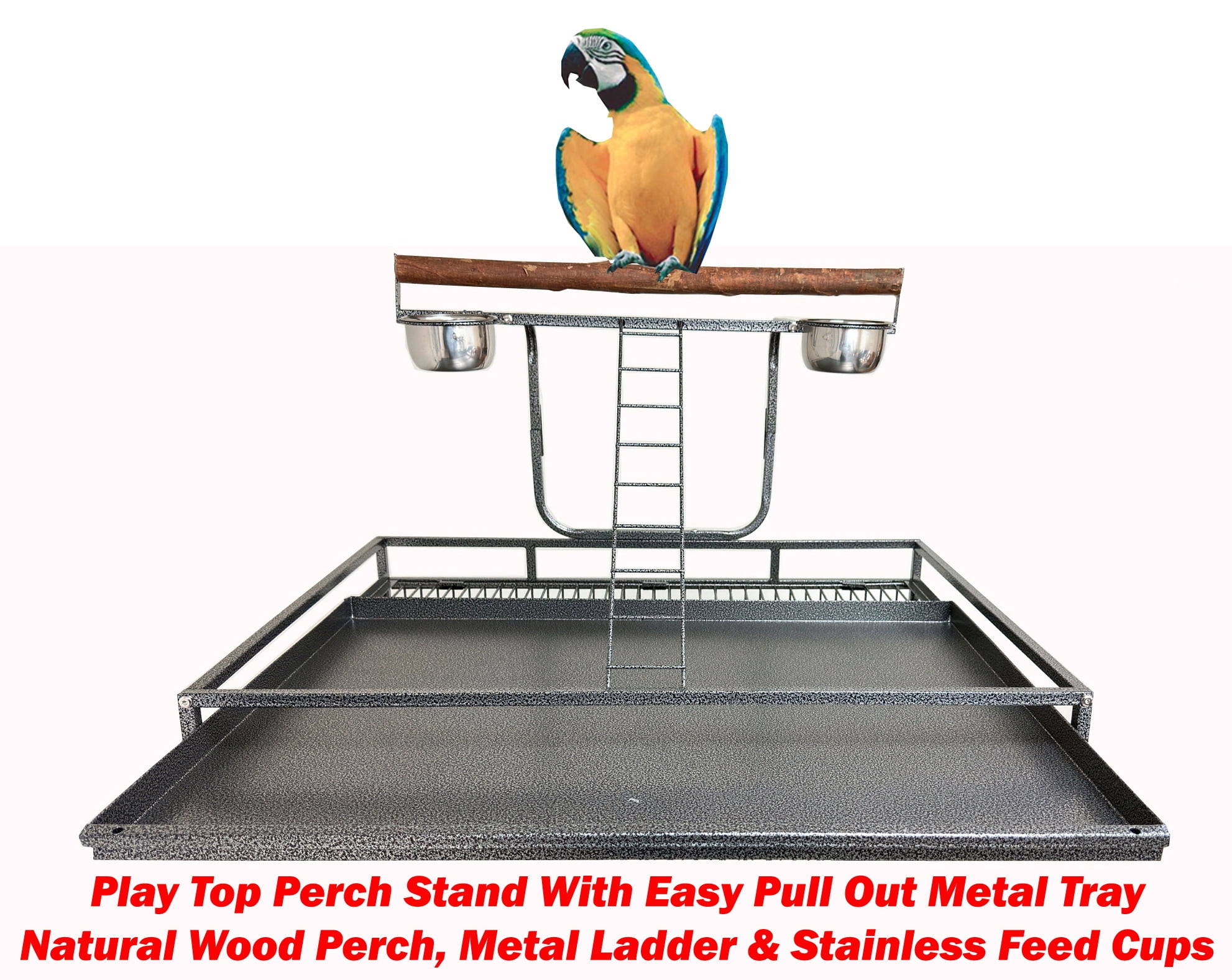 Extra Large 32" x 23" x 69"H Elegant and Durable Wrought Iron Double Ladders Open Play Top Bird Parrot Rolling Cage, Include Stainless Feed Cups Natural Wooden Stand Perch Seed Guard