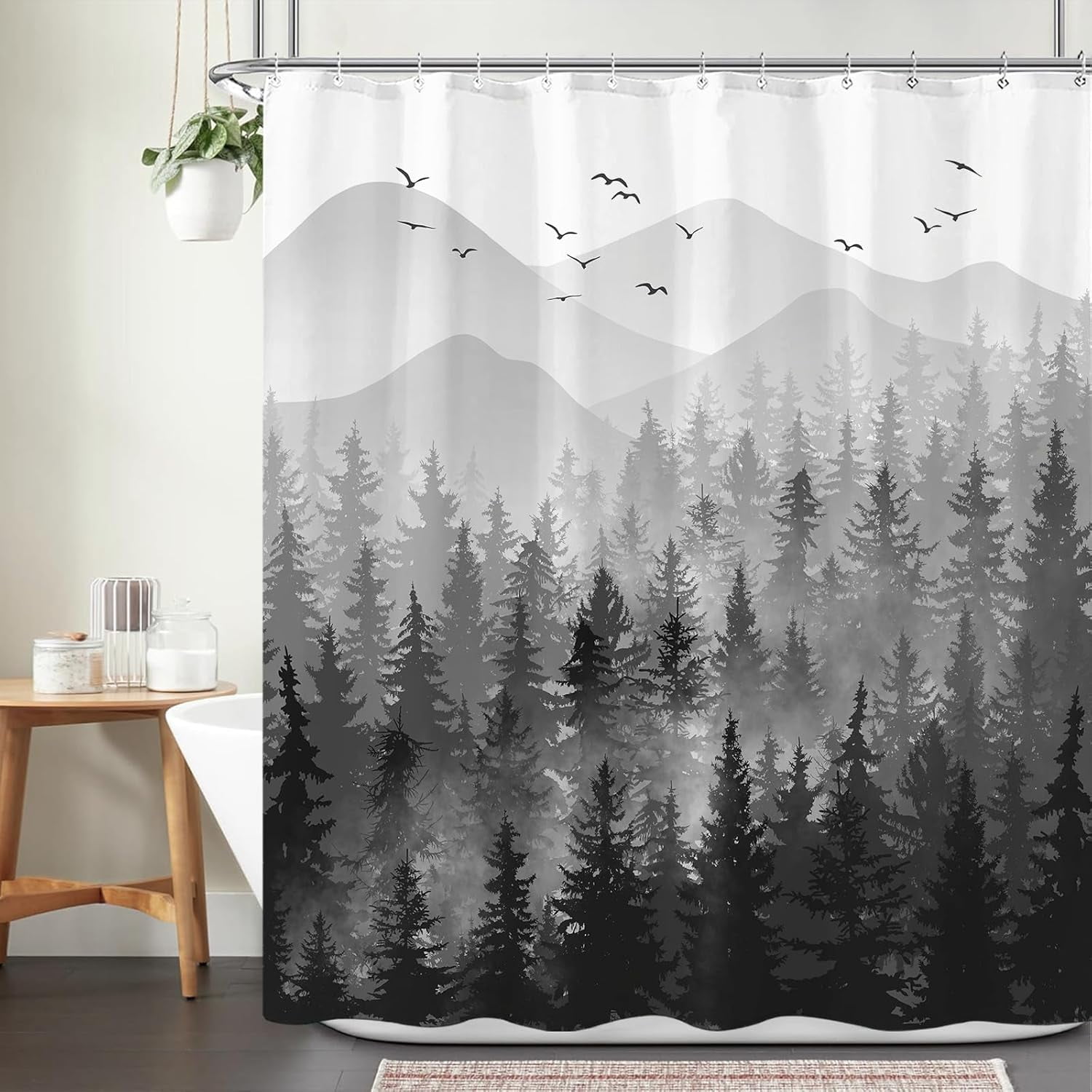 Black and White Misty Forest Shower Curtain Ombre Dark Gray Mountain Pine Tree Waterproof Fabric Shower Curtains for Bathroom Grey Nature Woodland Decorative Bath Curtain Decor 72×72 Inches