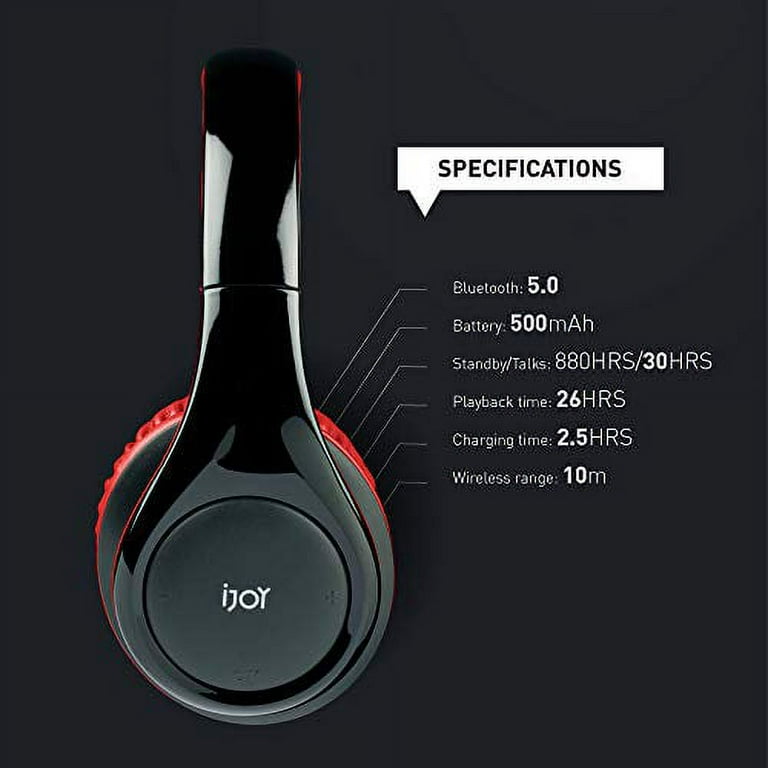 iJoy ISO Bluetooth 5.0 Wireless Over Ear Foldable Stereo Headphones with 30 Hours Battery and Built in Microphone Black Red