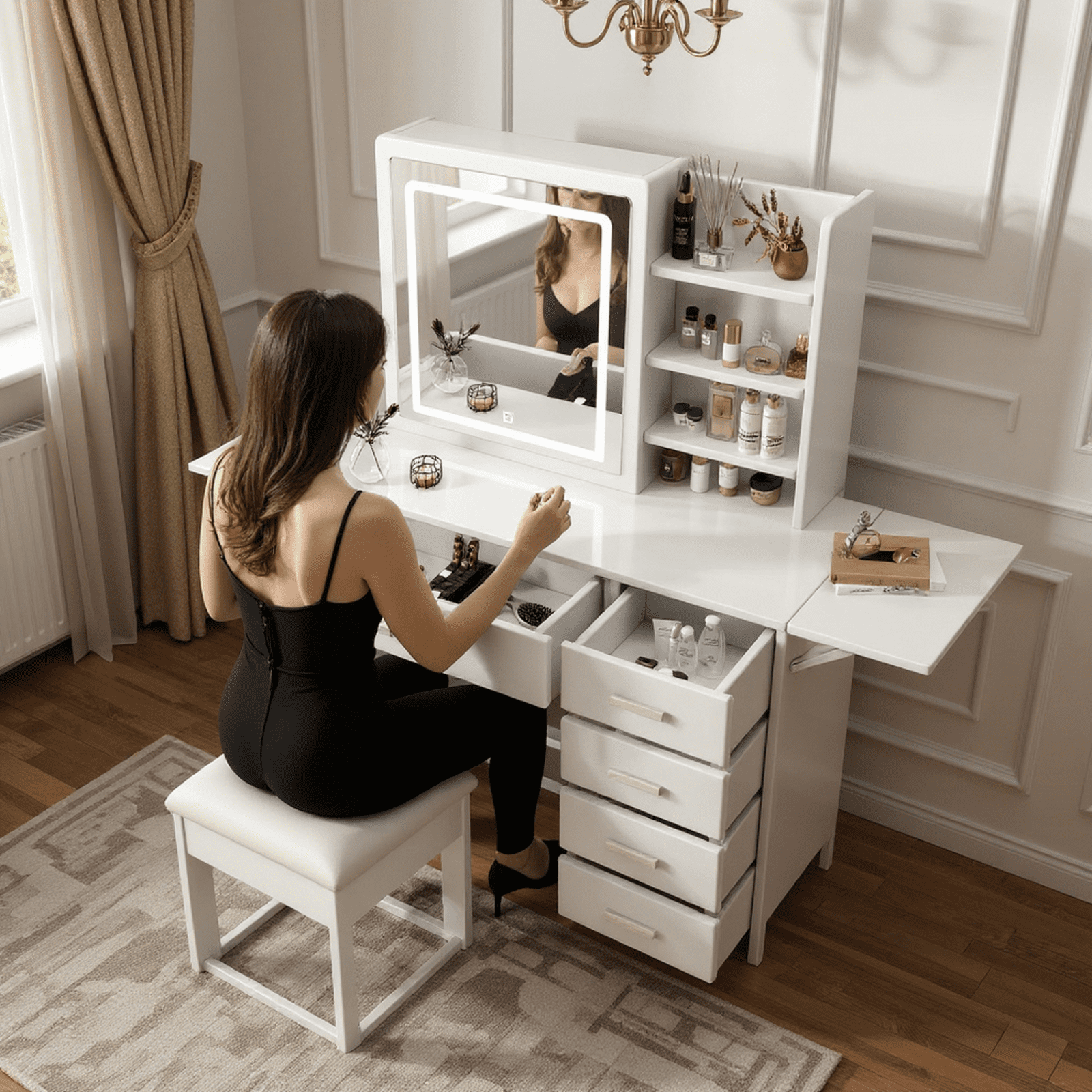Homy Casa Vanity Desk with LED Lighted Mirror, Stool, Drawers and Shelves, 3-Color Dimmable Lighting