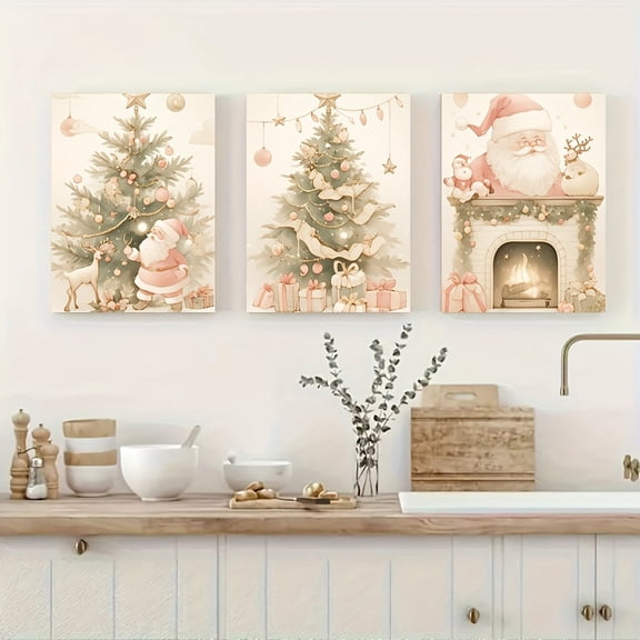 3 Pieces Set of Frameless Christmas Canvas Posters: Modern Art, Christmas Tree, Santa Claus, Ideal Gift for Bedroom, Living Room, Kitchen, Corridor, Wall Art, Wall Decoration, Room Decoration