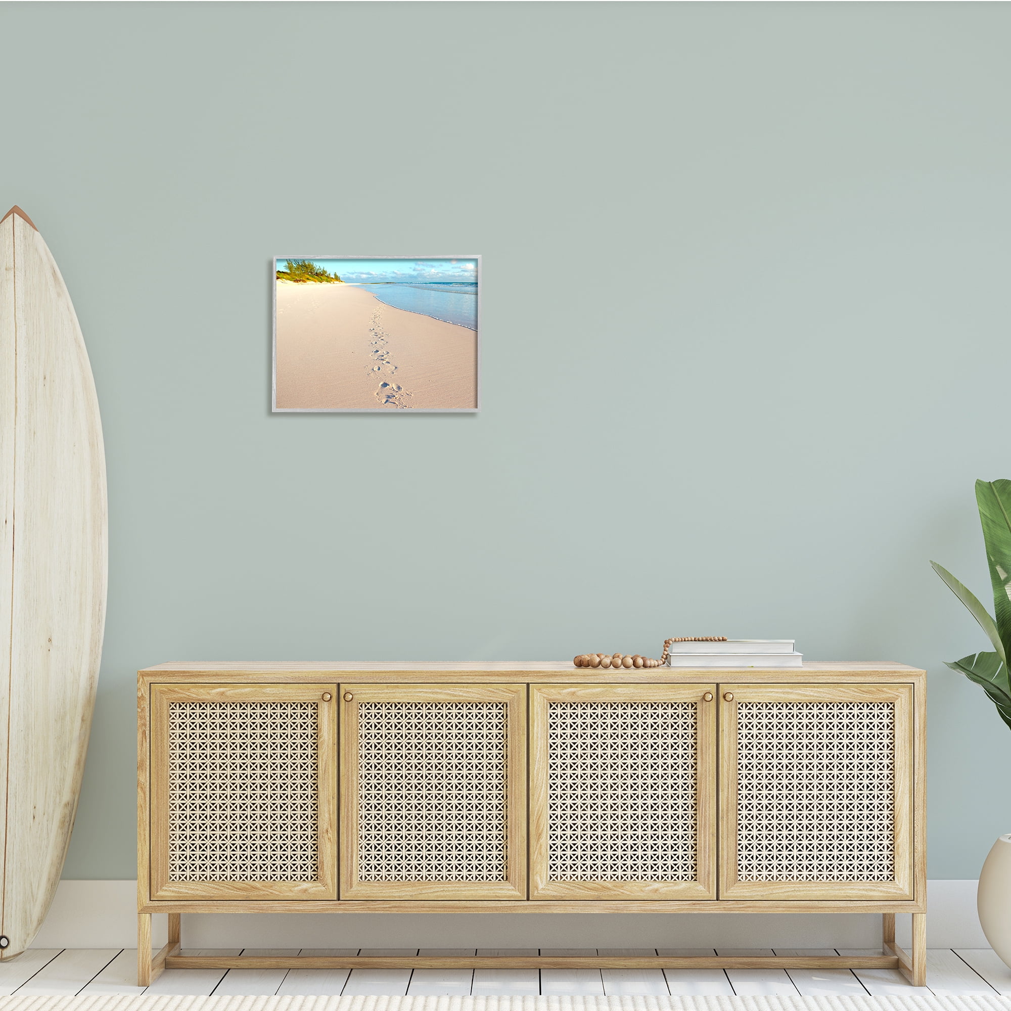 Stupell Indtries Sandy Footprints Across Beach Coastline Cloudy Nautical Horizon,20 x 16,Design by Jairo Rodriguez