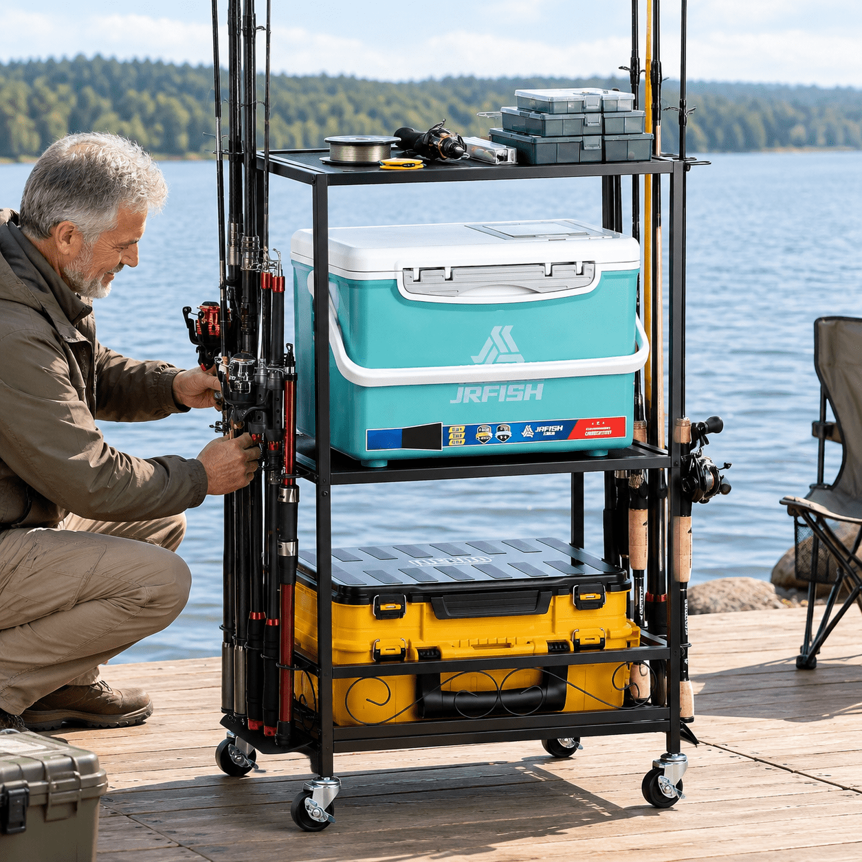 Small Black Adjustable 10-Rod Fishing Pole Rack Gear Organizer