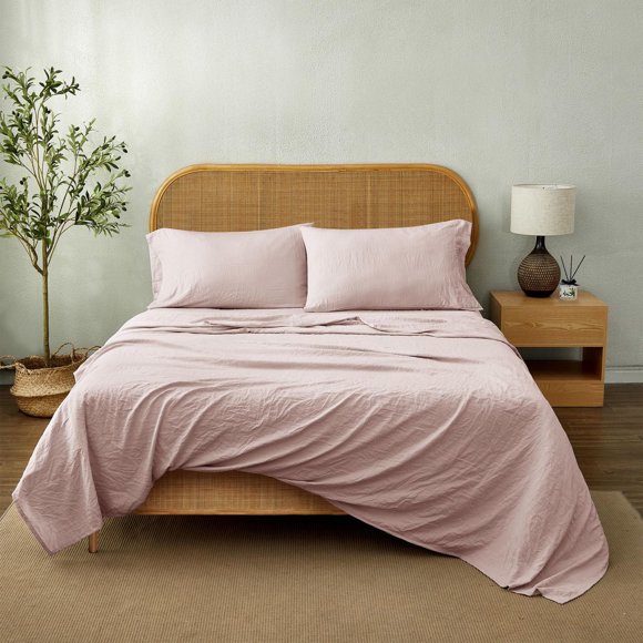 Mainstays Washed Ultra Soft Microfiber Bed Sheet Set, Full, Pink Blush, 4 Piece