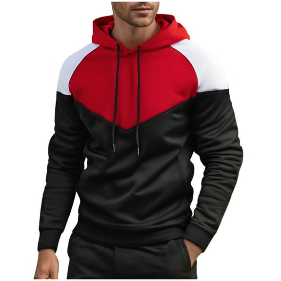 Dagegui Men's Long Sleeve Hoodies Novelty Color Block Sweatshirt Fleece Hooded Pullover Tops with Pockets Red S