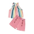 thumbnail image 1 of Kmbangi 2PCS Baby Striped Print Sleeveless Halter Tank Tops + Button Shorts Set Girl's Summer Outfits 3-7Y, 1 of 8