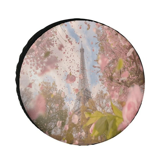 Blossoming Paris Eiffel Tower Spare Tire Cover for Trailer, Waterproof Oxford Cloth Wheel Cover with ,Camper Spare Tire Cover Fit for SUV Truck Travel Trailer