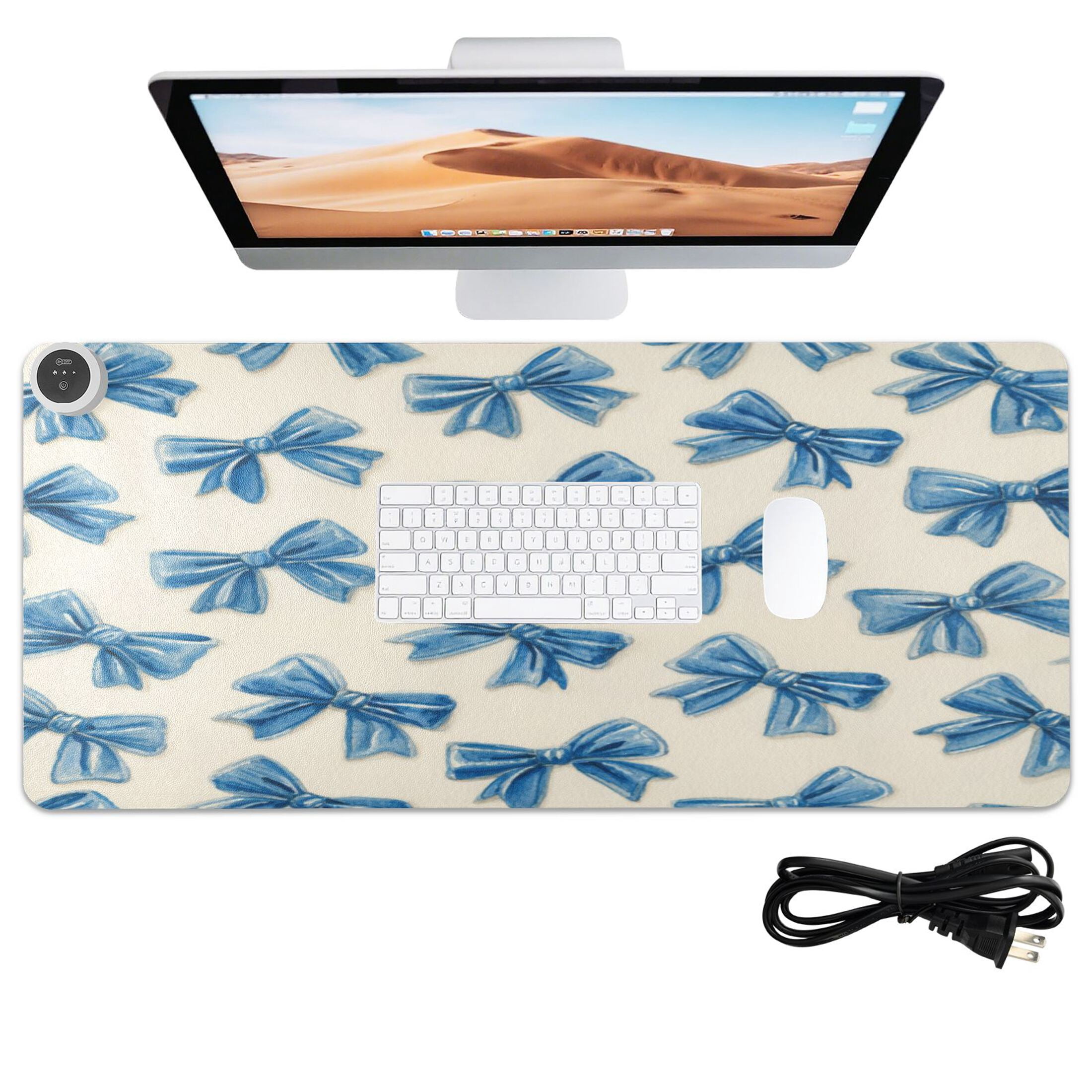Large Heated Desk Mat Mouse Pad 31.5"x13"PU Leather Graphene Heating Desk Warmer with 3 Temperature Settings 110V US Plug Non-Slip Warm Pad for Home, Office, and Gaming Classic Blue Bow Pattern