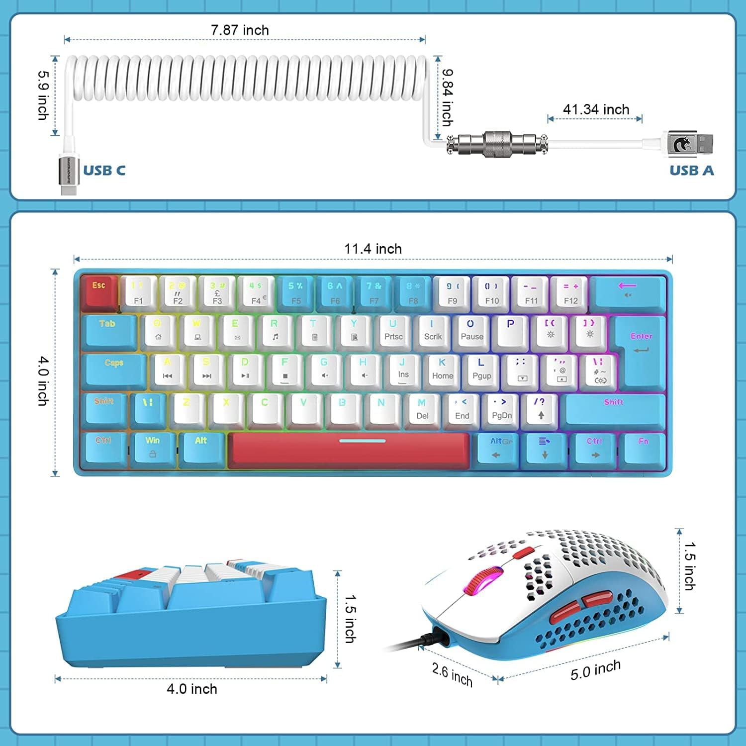 LexonElec T60PRO Backlit Wired 60% Mechanical Gaming Keyboard, White