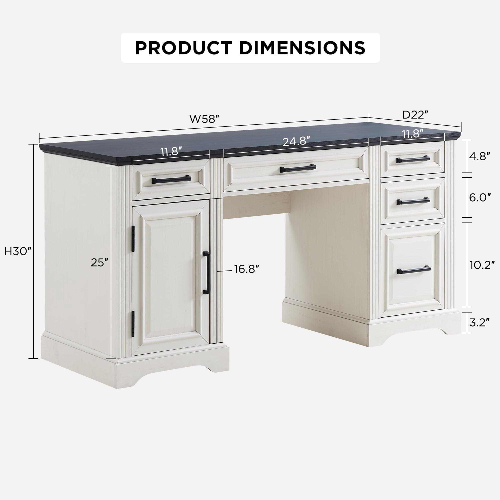 Danolapsi 58 Inch Executive Desk, Farmhouse Computer Desk with Drawers and Cabinets, Embossed Texture Home Office Desk, Work Study Writing Workspace