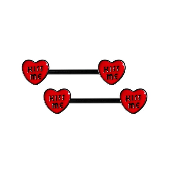 Body Candy 14G Nipplerings 5/8" Black Plated Steel 2Pc Red Heart Kiss Me Nipple Ring Set 16mm