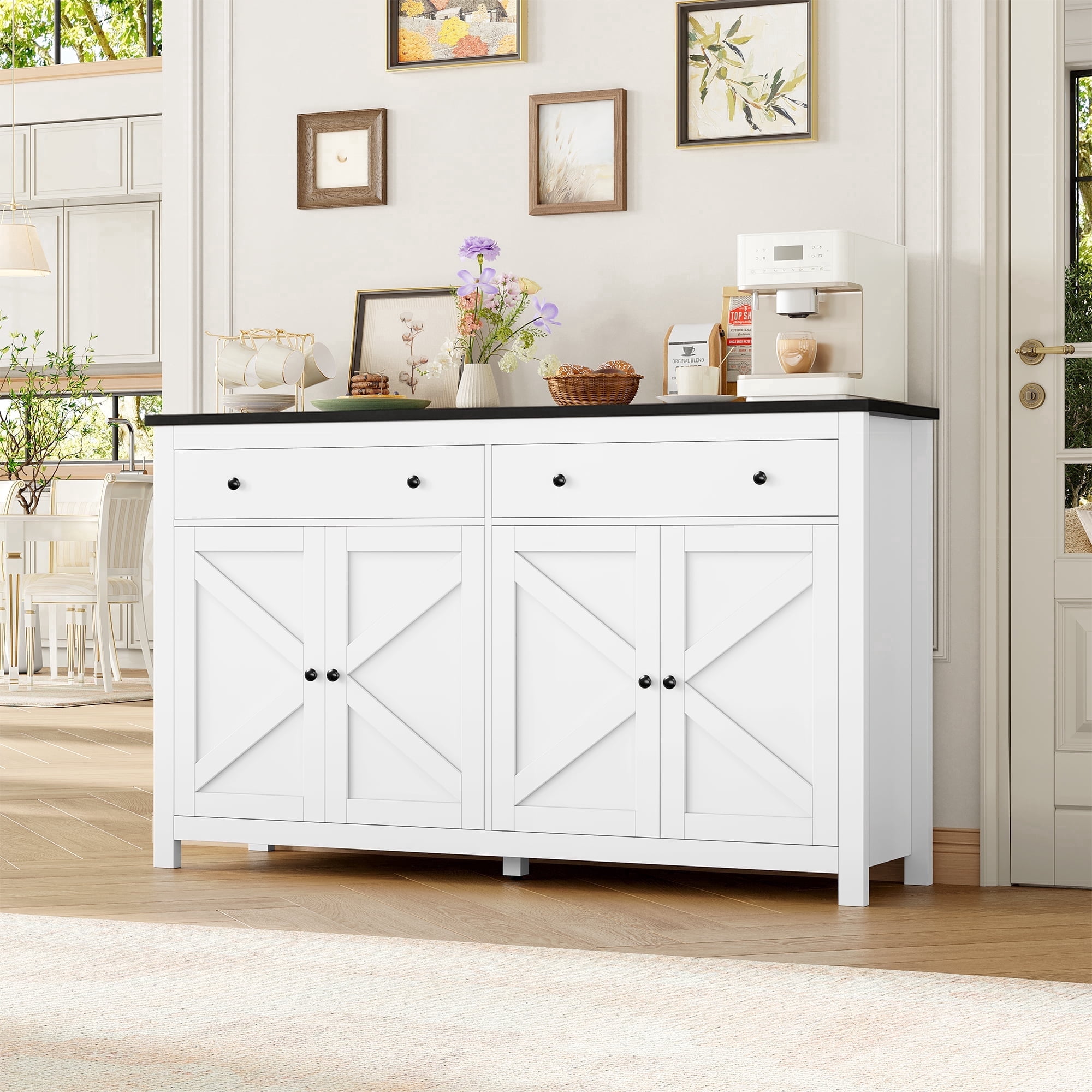 Homfa 55'' Kitchen Sideboard Buffet Cabinet, 4-Doors 2-Drawers Farmhouse Storage Cabinet with Adjustable Shelves, White & Black
