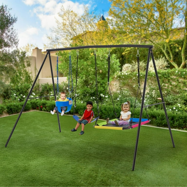 Hommow 3 Seats Backyard Swing Set, Saucer Swing, Belt Swing, Baby