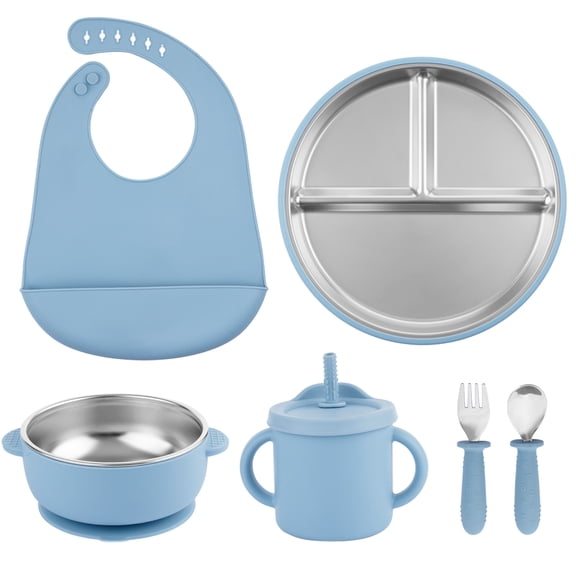 Lumikrypt 6 Pieces Stainless Steel Baby Feeding Set, Baby Suction Plate, Bowl, Sippy Cup with Straw, Bib, Spoon & Fork, BPA-Free Toddler Self Feeding Supplies Set