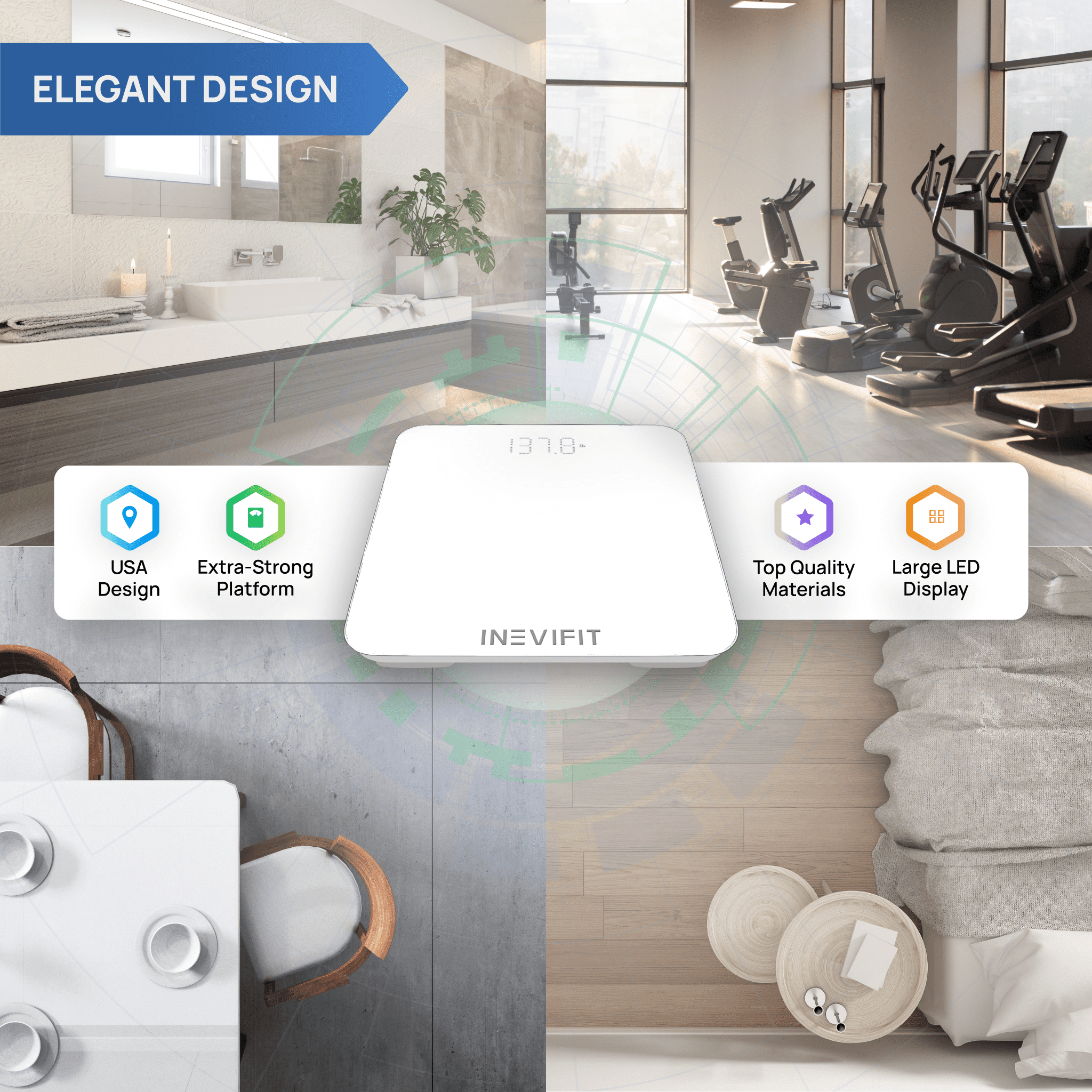INEVIFIT Smart Premium Bathroom Scale with Bluetooth and Free Tracking INEVIFIT APP 11.8 x 11.8 inch - White
