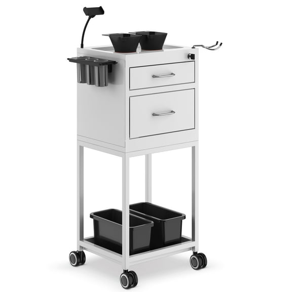 K-Salon Professional Salon Roller Cart - Mobile Styling Station with Magnetic Bowls, Lockable Drawers & Universal Dryer/Phone Holders, Beauty Trolley for Salon/SPA/Nail/Pet Shop, White
