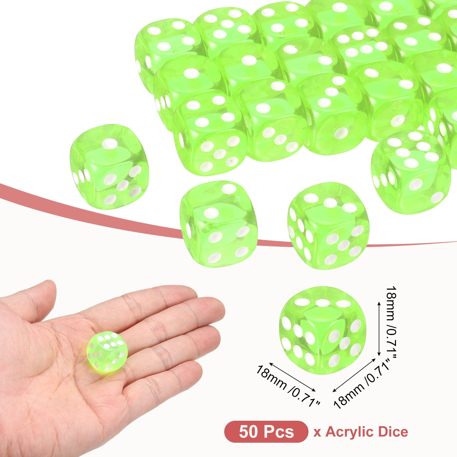 50Pack 6 Sided Acrylic Dice, 18mm/0.71" Rounded Corner Translucent Colored D6 Game Dice for Theme Party Fun Table Board Games, Fluorescent Green