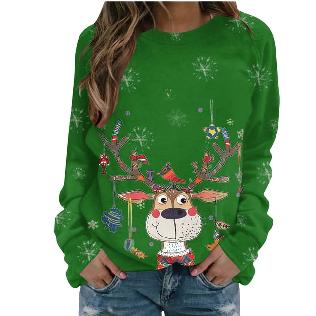Staron Chandail de Noël pour Femmes, Chandail Graphique de Renne de Noël Amusant, Chandail à Manches Longues, Hauts de Noël, Blouse Décontractée, Mode, Col Rond, Cadeau pour Femmes