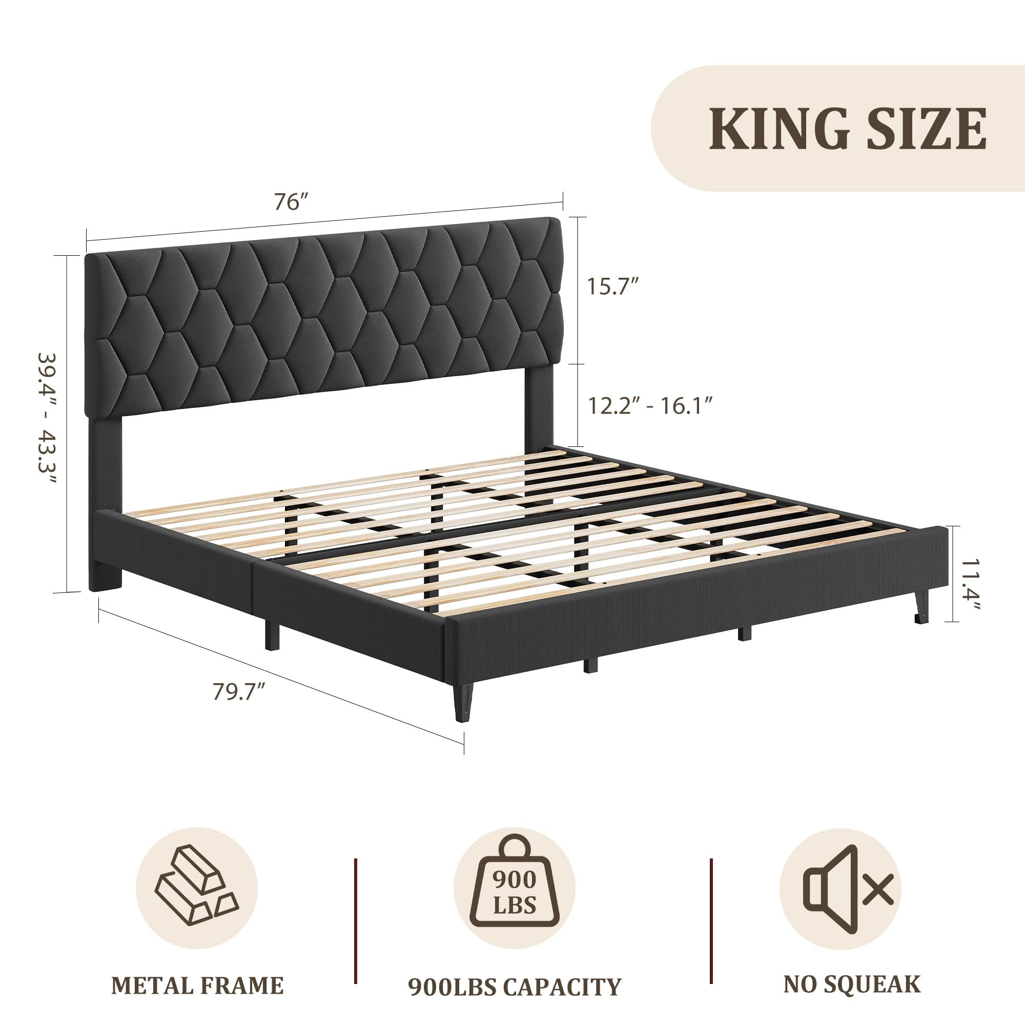 Velvet Upholstered Platform Bed Frame with Headboard, Queen Size Bed with Wooden Slats Support, No Box Spring Needed & Easy Assembly