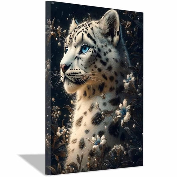 Mudket White Snow Leopard Canvas Wall Art, Leopard with Blue Eyes Print Wall Decor Framed Ready to Hang for Bedroom - 12"L x 8"W
