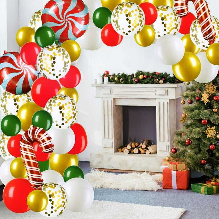 Christmas Balloon Garland Arch Kit - 196 Pcs Red Green Pink Gold Balloons With Candy Cane Decor