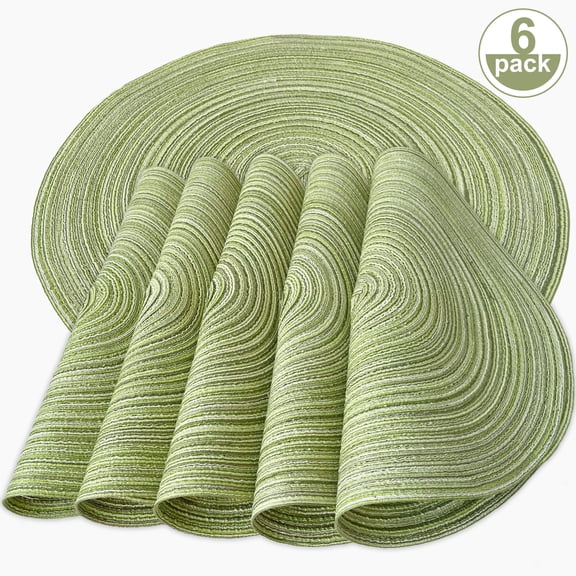 EVNELE Green Placemats Set of 6, 15 inch Washable Braided Round Table Mats for Kitchen Dining Tables