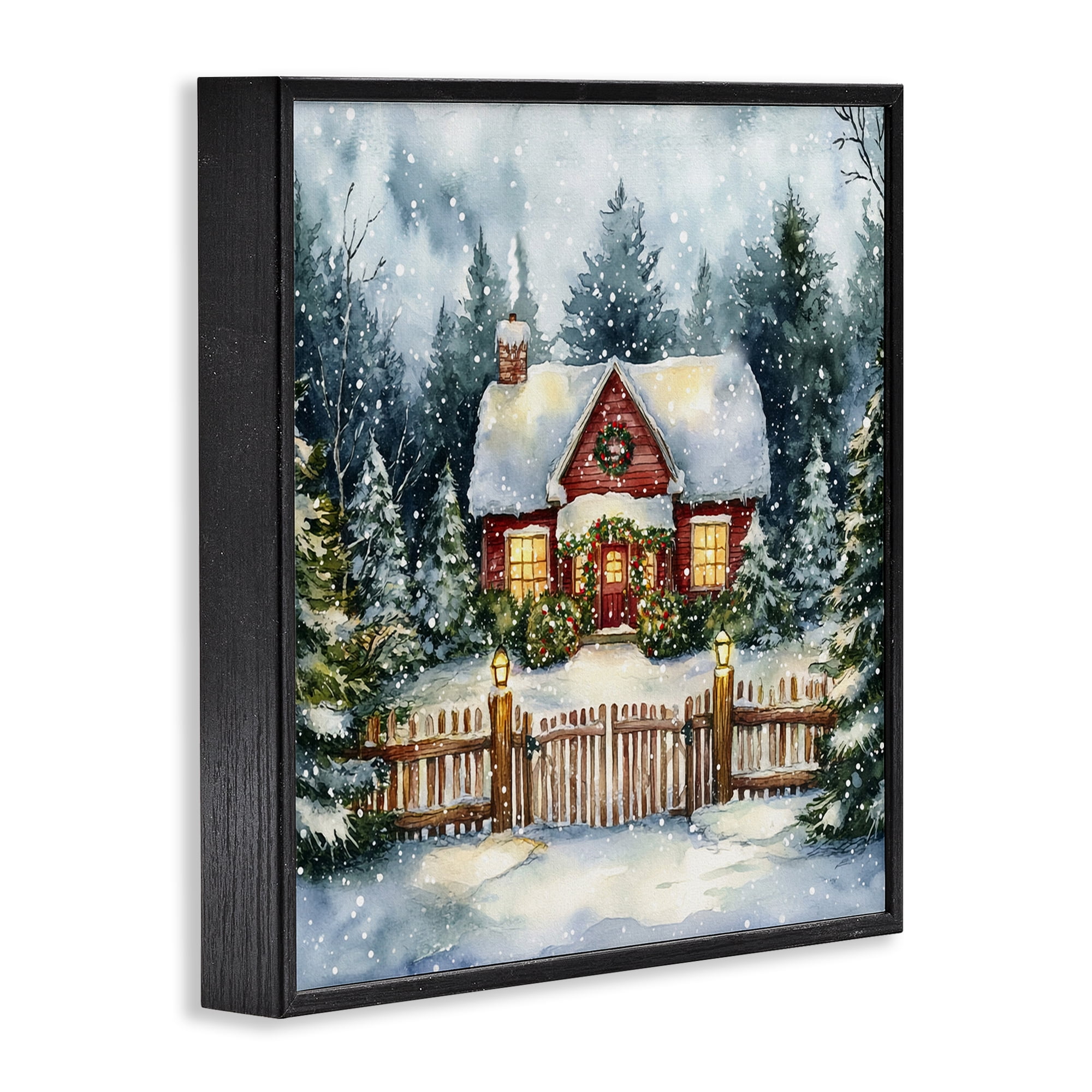 Stupell Industries Scenic Winter Cottage Holiday Painting Black Framed Art Prints Wall Art, 24 x 24