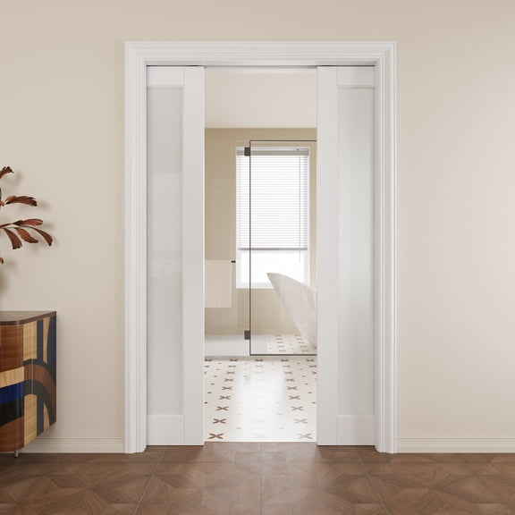 48" x 80" (Double 24") Frosted Glass Pocket Doors with Soft Close, Solid Door Panel & Pocket Doors Hardware & Frames, Bathroom Door, Bedroom Door, Pre-finished & Paintable, White
