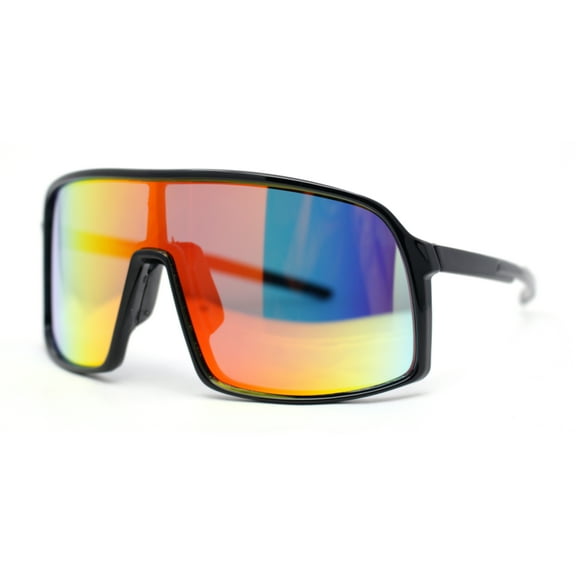 MTB Style Oversized Large Sport Shield Sport Plastic Sunglasses Black - Orange Mirror