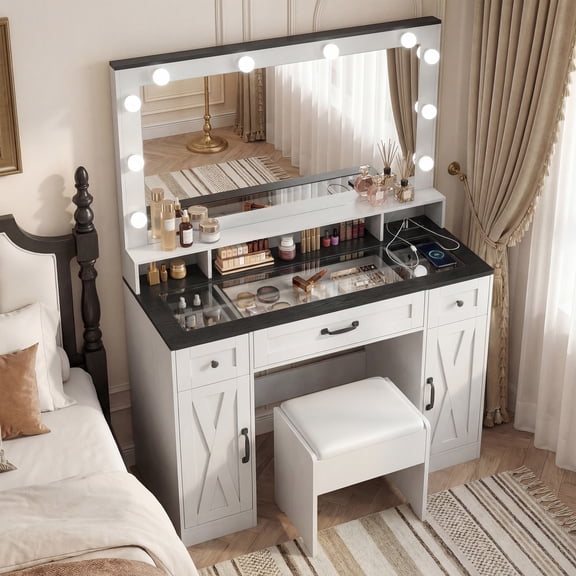 Vabches Farmhouse Vanity Set with Mirror and Lights,Glass Top Makeup Vanity Desk with Chair & Charging Station, White