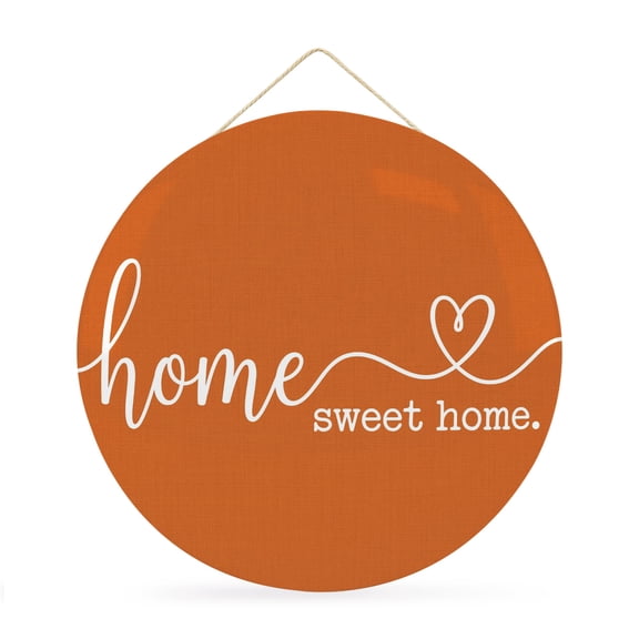 Welcome Sign for Front Door, Orange Round Metal Wall Art Wreaths, Farmhouse Sweet Home White Stripes Solid Outdoor Indoor Wall Hanging Sign for Porch Decor Housewarming Gifts 11.8 Inch