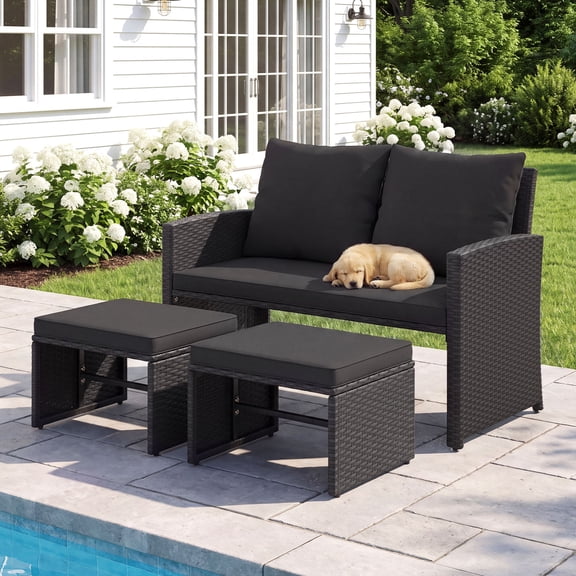 Costway Outdoor Loveseat with Ottomans, 3 Pieces Patio PE Wicker Furniture Set with Cushions Black
