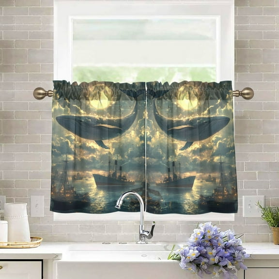 Yayeee Kitchen Curtains Tier Pair Light Filtering 27"x36" Rod Pocket Short Cafe Window Panel, Whale and Moon