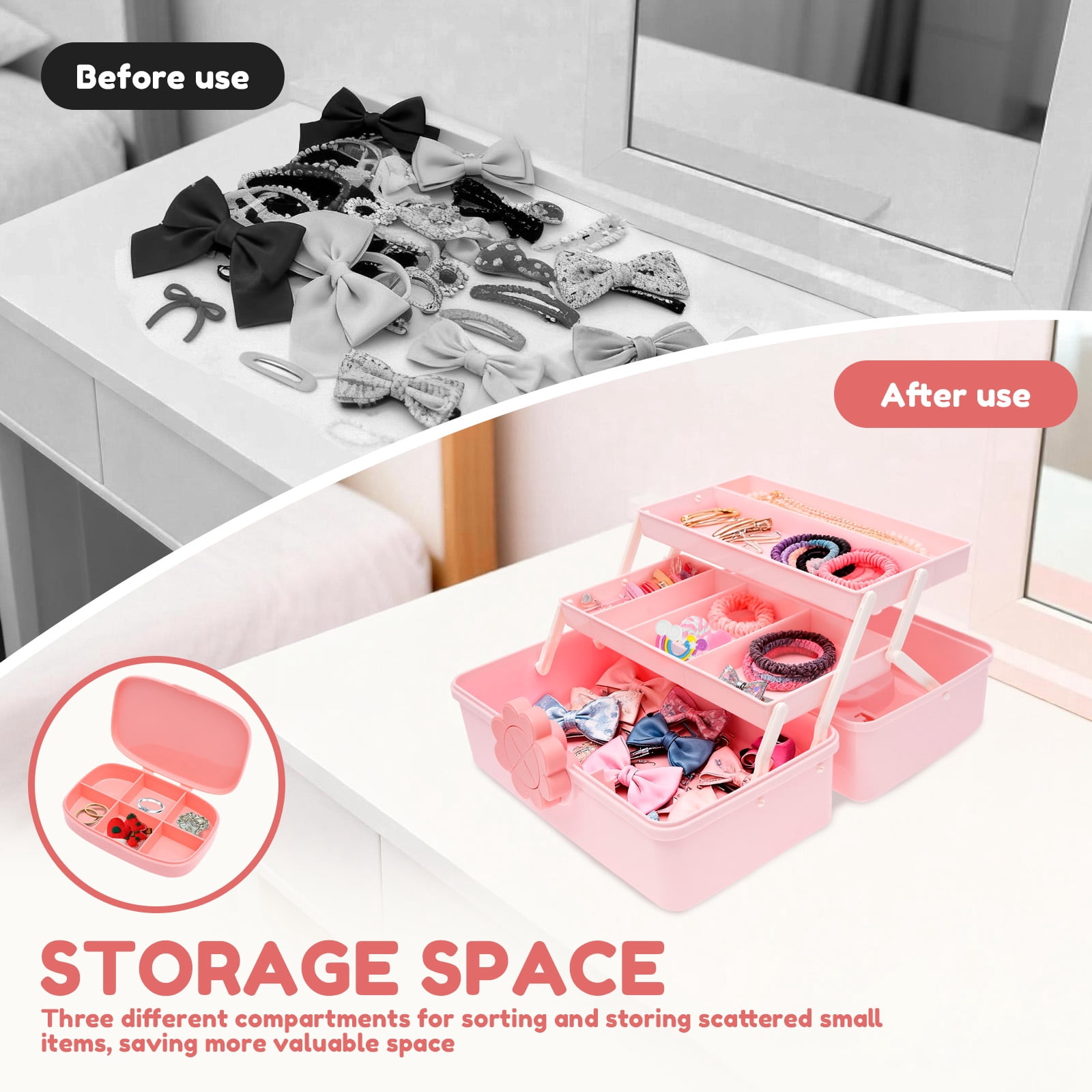 FKSZLL Hair Accessories Storage Box Plastic 3 Layer Pink Lockable Craft Storage Container Portable Cute Girl Hair Clip Holder Case with Handle for Toy Nail Tool Stationery