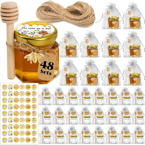 EnjinZZ 48 Pack Mini Honey Jars Party Favors in Bulk, 1.5 oz Small Hexagon Glass Honey Jars with Dippers, Lids, Cute Stickers, Bee Charms, Gift Bags and Jute for Baby Showers, Weddings & Birthdays